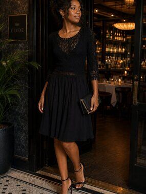 Diane von Furstenberg DVF Black Crochet Lace Silk Trim Dress Size S